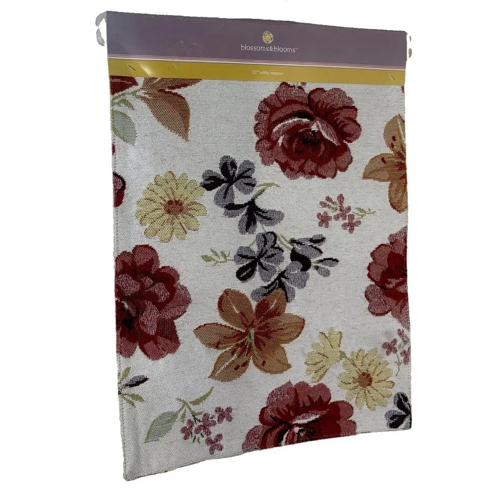New Blossoms & Blooms 72 Inch Woven Tapestry Table Runner Floral Rose Cream